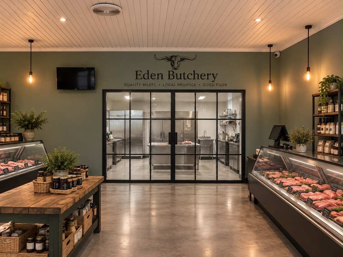 Inside Eden Butchery, looking through to the meat preparation room