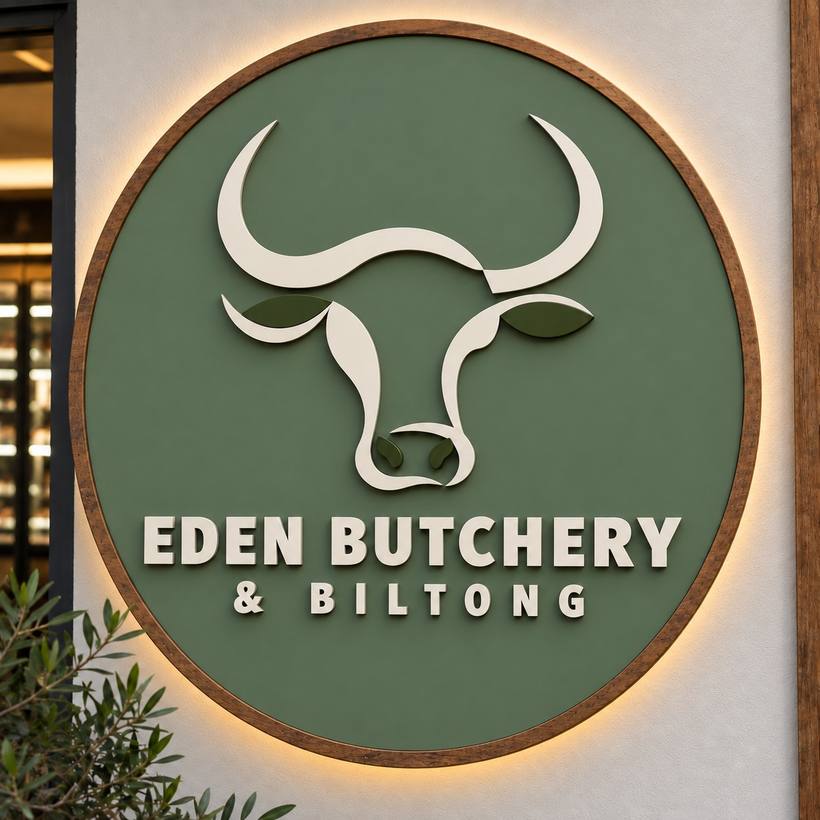 The backlit Eden Butchery and Biltong sign outside the shop